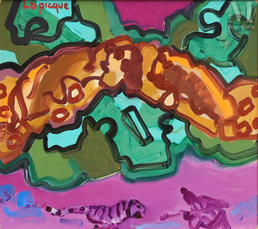 LAPICQUE Charles (1898-1988) Huile sur papier marouflée sur toile "Flagrant délit" LAPICQUE Charles (1898-1988) Huile sur papier marouflée sur toile. Signée en haut à gauche. 29x33 cm